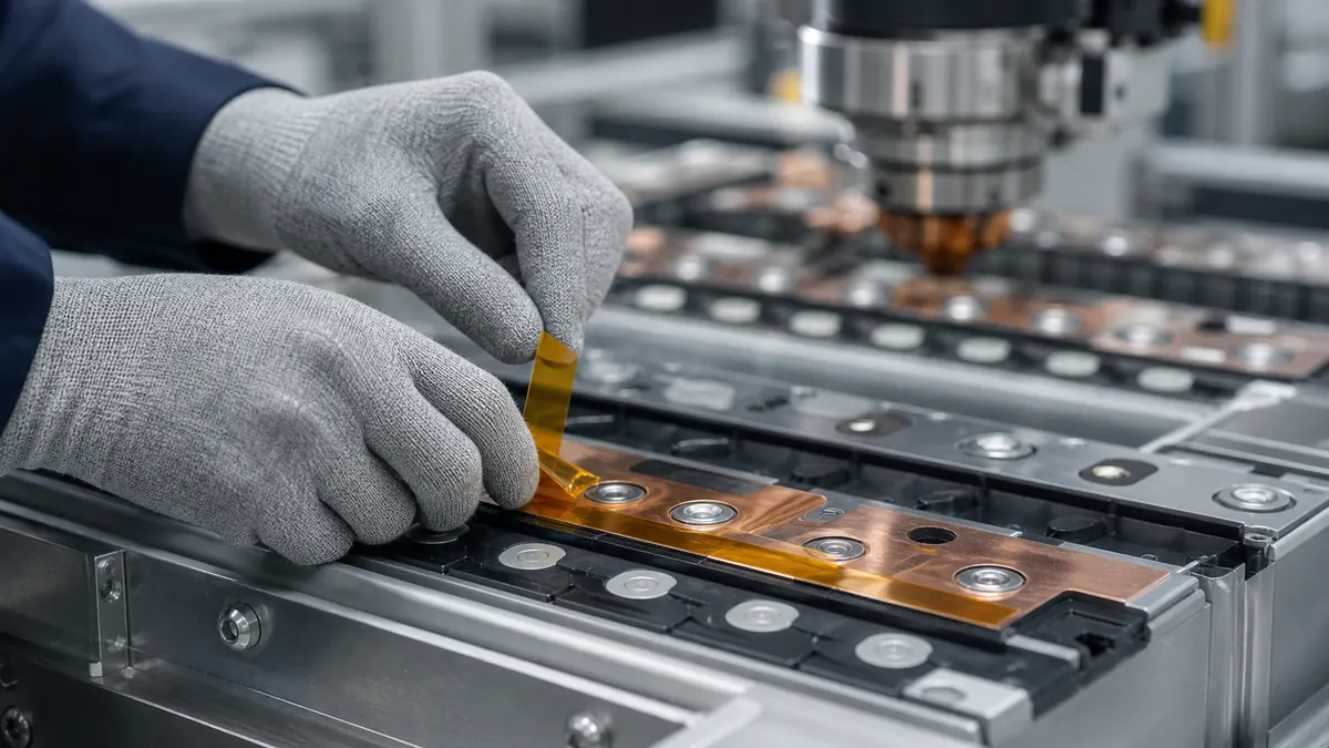 Battery module technician applying amber polyimide tape beside copper busbar laser weld zones while keeping weld targets exposed